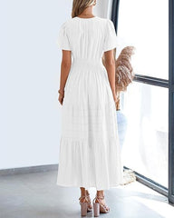 Women V Neck Pleated Bubble Sleeves Large Swing Short Sleeve Dress