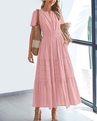 Women V Neck Pleated Bubble Sleeves Large Swing Short Sleeve Dress