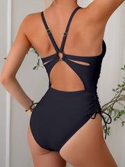 Women's One Piece Swimsuit Sexy V Neck Tummy Control Bathing Suits Back Cutout O Ring Swimwear