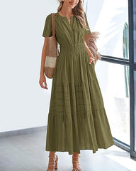 Women V Neck Pleated Bubble Sleeves Large Swing Short Sleeve Dress