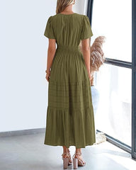 Women V Neck Pleated Bubble Sleeves Large Swing Short Sleeve Dress