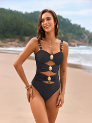 Women's Cutout One Piece Swimsuit Color Block Ruched Bathing Suit Bandeau Swimwear