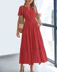 Women V Neck Pleated Bubble Sleeves Large Swing Short Sleeve Dress