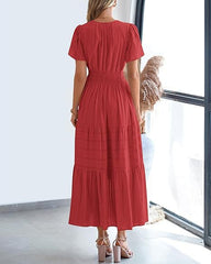 Women V Neck Pleated Bubble Sleeves Large Swing Short Sleeve Dress