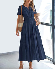 Women V Neck Pleated Bubble Sleeves Large Swing Short Sleeve Dress