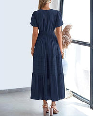 Women V Neck Pleated Bubble Sleeves Large Swing Short Sleeve Dress