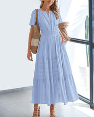 Women V Neck Pleated Bubble Sleeves Large Swing Short Sleeve Dress