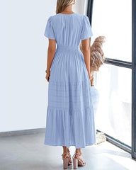 Women V Neck Pleated Bubble Sleeves Large Swing Short Sleeve Dress