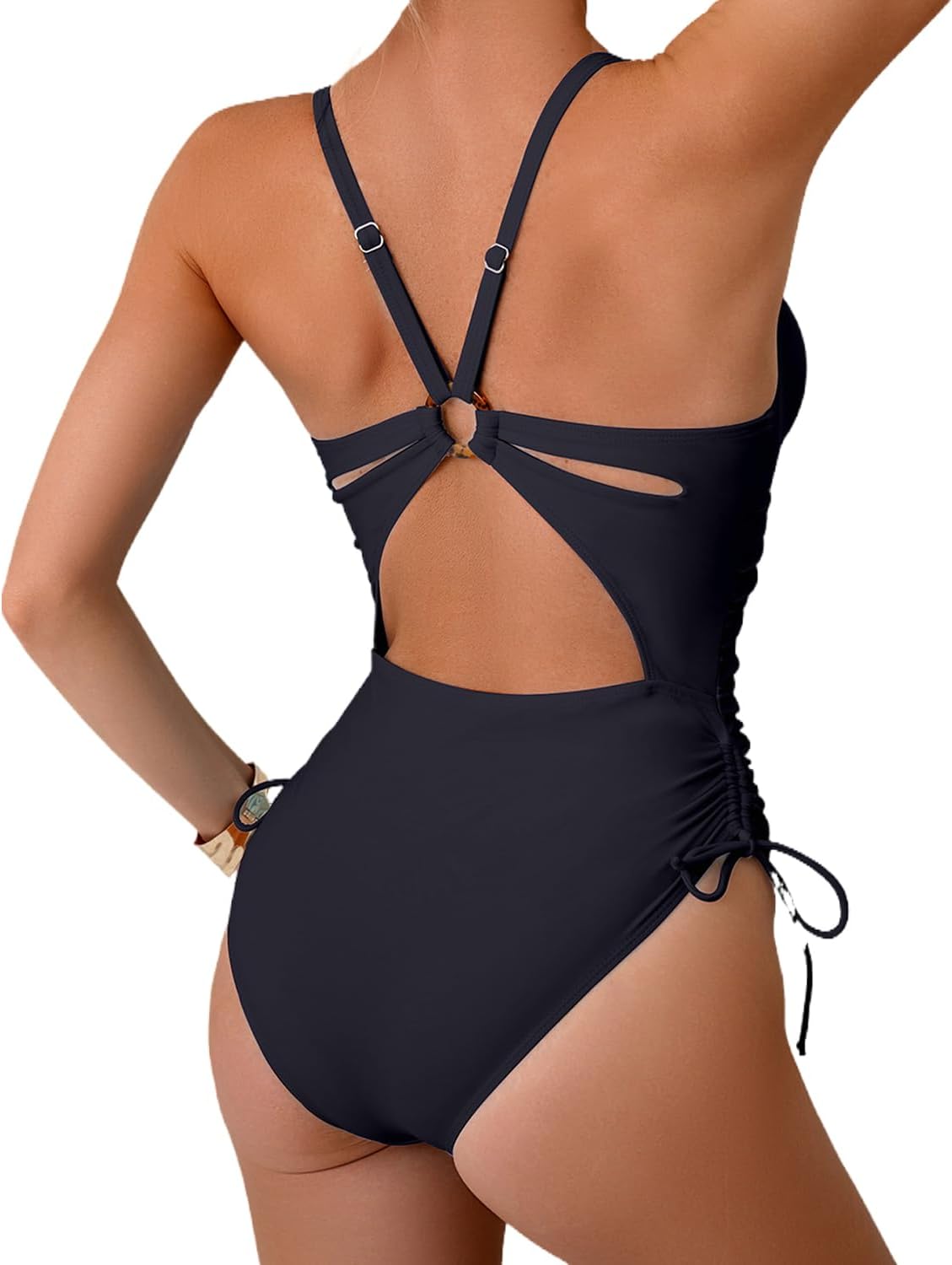 Women's One Piece Swimsuit Sexy V Neck Tummy Control Bathing Suits Back Cutout O Ring Swimwear