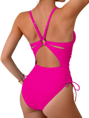 Women's One Piece Swimsuit Sexy V Neck Tummy Control Bathing Suits Back Cutout O Ring Swimwear