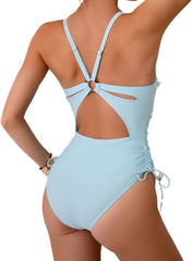 Women's One Piece Swimsuit Sexy V Neck Tummy Control Bathing Suits Back Cutout O Ring Swimwear