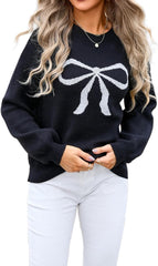 Women's Cute Bow Print Sweater Crewneck Loose Long Sleeve Pullover Knitted Jumper Top