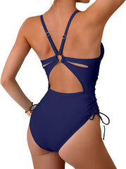 Women's One Piece Swimsuit Sexy V Neck Tummy Control Bathing Suits Back Cutout O Ring Swimwear