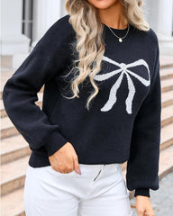 Women's Cute Bow Print Sweater Crewneck Loose Long Sleeve Pullover Knitted Jumper Top