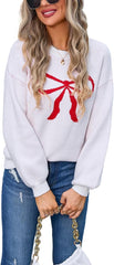 Women's Cute Bow Print Sweater Crewneck Loose Long Sleeve Pullover Knitted Jumper Top