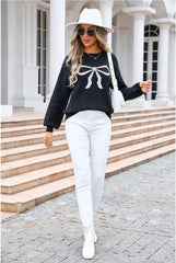 Women's Cute Bow Print Sweater Crewneck Loose Long Sleeve Pullover Knitted Jumper Top