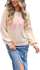 Women's Cute Bow Print Sweater Crewneck Loose Long Sleeve Pullover Knitted Jumper Top