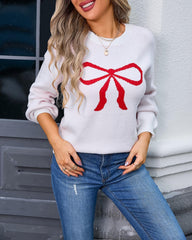 Women's Cute Bow Print Sweater Crewneck Loose Long Sleeve Pullover Knitted Jumper Top