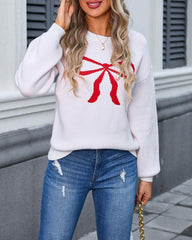 Women's Cute Bow Print Sweater Crewneck Loose Long Sleeve Pullover Knitted Jumper Top