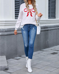 Women's Cute Bow Print Sweater Crewneck Loose Long Sleeve Pullover Knitted Jumper Top