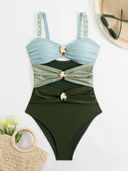 Women's Cutout One Piece Swimsuit Color Block Ruched Bathing Suit Bandeau Swimwear