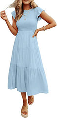 Women Flying Sleeves Pleated Layered Short-Sleeved Long Dress Big Swing Dress