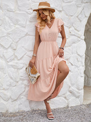 Women Summer V Neck Short Sleeve Ruffle Tiered Flowy Long Maxi Dress