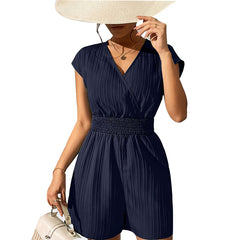 Women's Summer Casual V Neck Short Sleeve Rompers Loose Shorts Jumpsuits