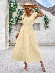 Women Summer V Neck Short Sleeve Ruffle Tiered Flowy Long Maxi Dress