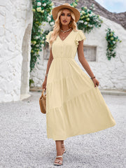 Women Summer V Neck Short Sleeve Ruffle Tiered Flowy Long Maxi Dress