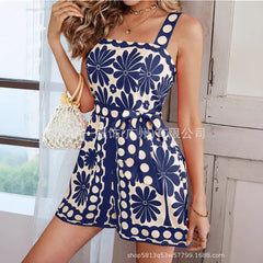 Women's Summer Casual Smocked Rompers Square Neck Sleeveless Loose Shorts Jumpsuits