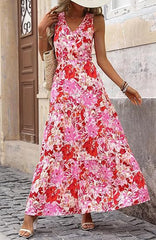 Women Summer Casual V Neck Floral Sleeveless Printed Dress