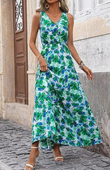 Women Summer Casual V Neck Floral Sleeveless Printed Dress