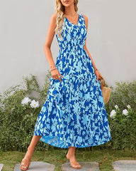 Women Summer Casual V Neck Floral Sleeveless Printed Dress