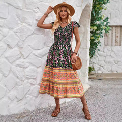 Women's Boho V Neck Floral Print Bohemian Cap Sleeve High Waist Long Maxi Beach Dress