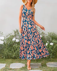 Women Summer Casual V Neck Floral Sleeveless Printed Dress