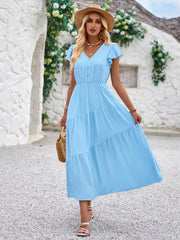 Women Summer V Neck Short Sleeve Ruffle Tiered Flowy Long Maxi Dress