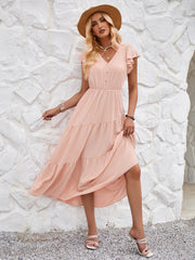 Women Summer V Neck Short Sleeve Ruffle Tiered Flowy Long Maxi Dress