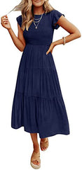 Women Flying Sleeves Pleated Layered Short-Sleeved Long Dress Big Swing Dress