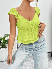 Women Stylish Lace Trimmed V-neck Top with Tie Closure Short Sleeve T Shirt