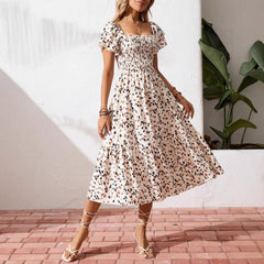 Women Summer Square Neck Short Sleeve Floral Maxi Dress