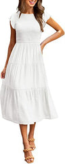 Women Flying Sleeves Pleated Layered Short-Sleeved Long Dress Big Swing Dress