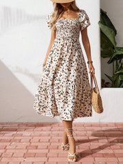 Women Summer Square Neck Short Sleeve Floral Maxi Dress