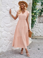 Women Summer V Neck Short Sleeve Ruffle Tiered Flowy Long Maxi Dress