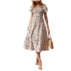 Women Summer Square Neck Short Sleeve Floral Maxi Dress