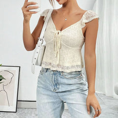 Women Stylish Lace Trimmed V-neck Top with Tie Closure Short Sleeve T Shirt