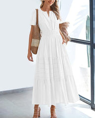 Women V Neck Pleated Bubble Sleeves Large Swing Short Sleeve Dress