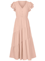 Women Summer V Neck Short Sleeve Ruffle Tiered Flowy Long Maxi Dress