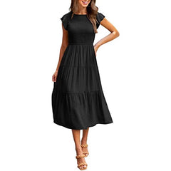 Women Flying Sleeves Pleated Layered Short-Sleeved Long Dress Big Swing Dress