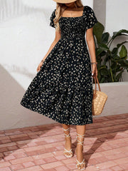 Women Summer Square Neck Short Sleeve Floral Maxi Dress